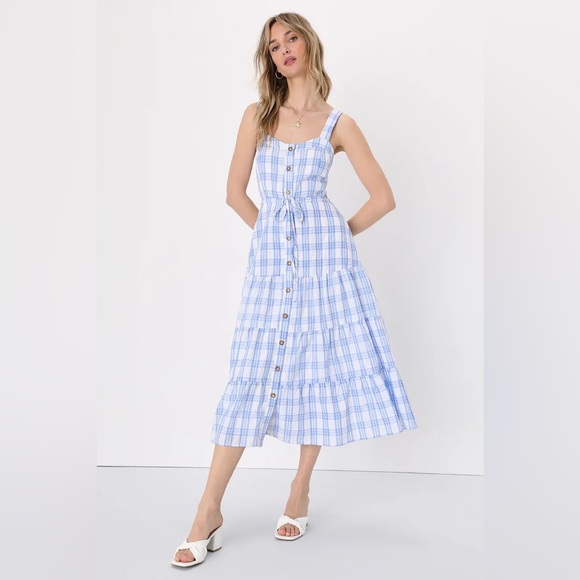 Lulus Dresses & Skirts - 057 NWT Idyllic Image Blue Plaid Button-Up Midi Dress With Pockets